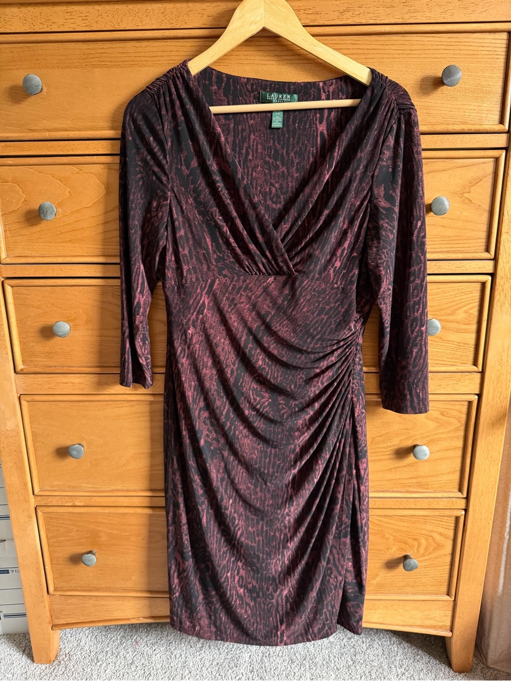 Lauren Ralph Lauren Animal Print Faux Wrap Dress  Burgundy & Black Sz 10 Bodycon